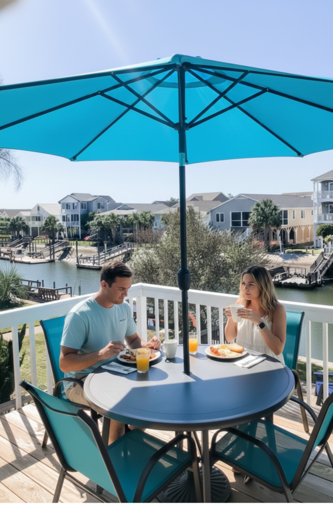 Couple enjoying breakfast at an outdoor dining table with a sun umbrella on an elevated wooden deck overlooking the canal in Ocean Isle Beach